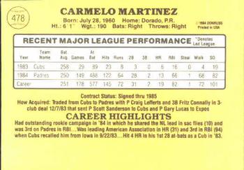 1985 Donruss #478 Carmelo Martinez Back
