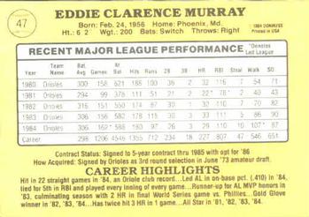 1985 Donruss #47 Eddie Murray Back