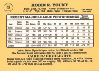 1985 Donruss #48 Robin Yount Back