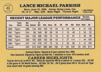 1985 Donruss #49 Lance Parrish Back