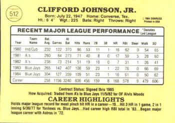 1985 Donruss #512 Cliff Johnson Back