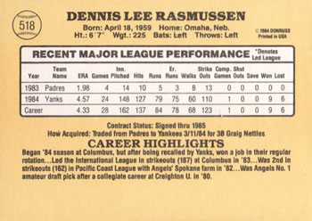 1985 Donruss #518 Dennis Rasmussen Back