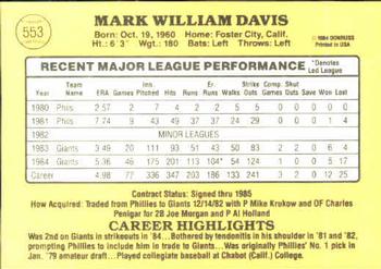 1985 Donruss #553 Mark Davis Back