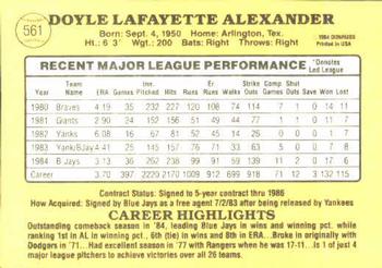 1985 Donruss #561 Doyle Alexander Back