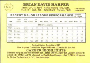 1985 Donruss #566 Brian Harper Back