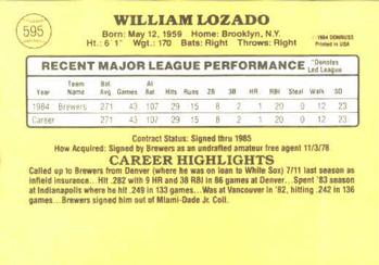 1985 Donruss #595 Willie Lozado Back