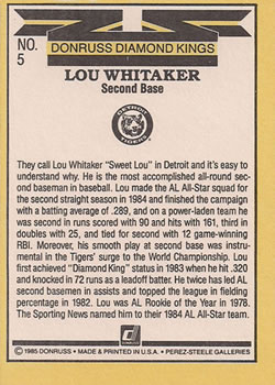1985 Donruss #5 Lou Whitaker Back