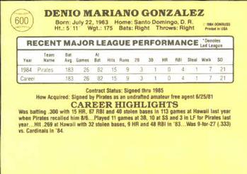 1985 Donruss #600 Denny Gonzalez Back