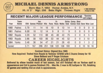 1985 Donruss #602 Mike Armstrong Back