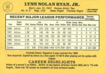 1985 Donruss #60 Nolan Ryan Back