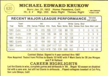 1985 Donruss #630 Mike Krukow Back