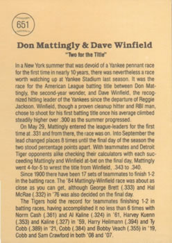 1985 Donruss #651 Two For The Title (Don Mattingly / Dave Winfield) Back