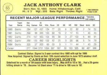 1985 Donruss #65 Jack Clark Back