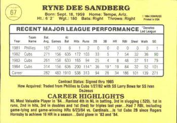 1985 Donruss #67 Ryne Sandberg Back