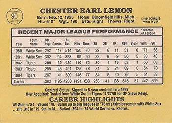 1985 Donruss #90 Chet Lemon Back
