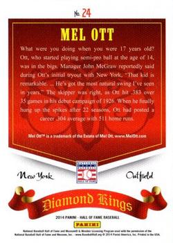 2014 Panini Hall of Fame 75th Year Anniversary - Diamond Kings #24 Mel Ott Back