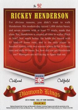 2014 Panini Hall of Fame 75th Year Anniversary - Diamond Kings #92 Rickey Henderson Back