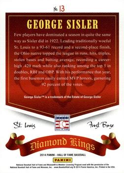 2014 Panini Hall of Fame 75th Year Anniversary - Diamond Kings Blue #13 George Sisler Back