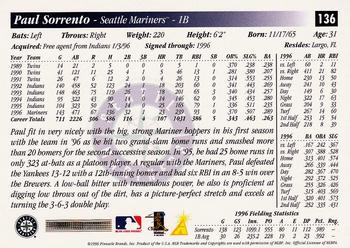 1997 Score #136 Paul Sorrento Back