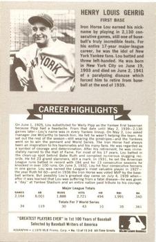 1970 Rold Gold Pretzels All-Time Baseball Greats #13 Lou Gehrig Back
