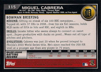 2010 Bowman #115 Miguel Cabrera Back