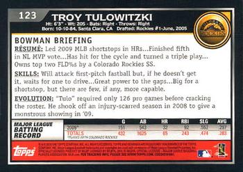 2010 Bowman #123 Troy Tulowitzki Back