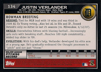 2010 Bowman #134 Justin Verlander Back
