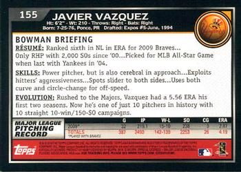 2010 Bowman #155 Javier Vazquez Back
