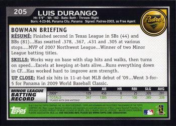 2010 Bowman #205 Luis Durango Back