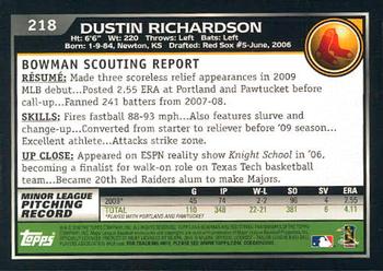 2010 Bowman #218 Dustin Richardson Back