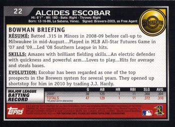 2010 Bowman #22 Alcides Escobar Back