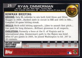 2010 Bowman #25 Ryan Zimmerman Back