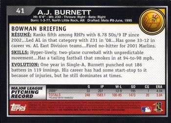 2010 Bowman #41 A.J. Burnett Back