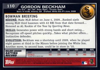 2010 Bowman #110 Gordon Beckham Back