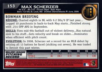2010 Bowman #153 Max Scherzer Back
