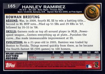 2010 Bowman #165 Hanley Ramirez Back