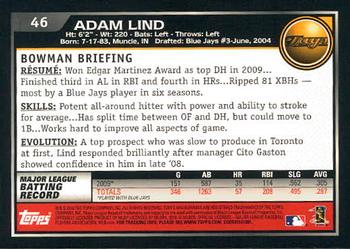 2010 Bowman #46 Adam Lind Back