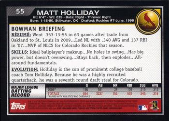 2010 Bowman #55 Matt Holliday Back