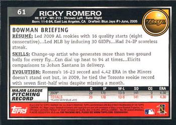 2010 Bowman #61 Ricky Romero Back