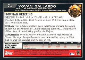 2010 Bowman #71 Yovani Gallardo Back
