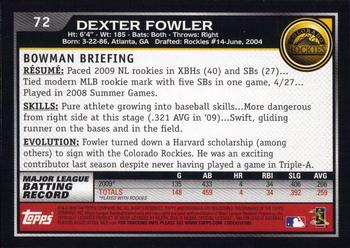 2010 Bowman #72 Dexter Fowler Back