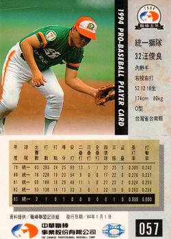 1994 CPBL #057 Jun-Liang Wang Back