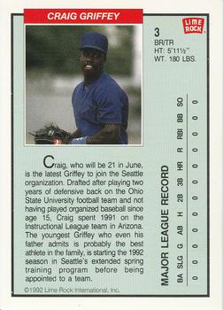 1992 Lime Rock Griffey Baseball #3 Craig Griffey Back