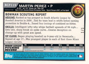 2010 Bowman - Chrome Prospects SuperFractors #BCP119 Martin Perez Back