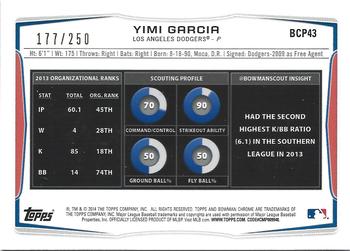 2014 Bowman Chrome - Prospects Blue Refractors #BCP43 Yimi Garcia Back