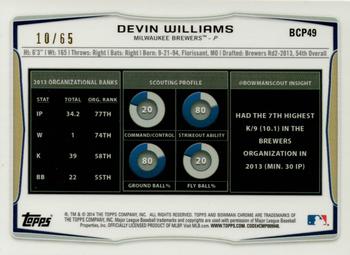 2014 Bowman Chrome - Prospects Pink Wave Refractors #BCP49 Devin Williams Back