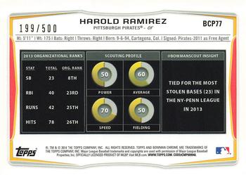 2014 Bowman Chrome - Prospects Refractors #BCP77 Harold Ramirez Back