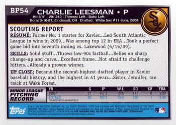 2010 Bowman - Prospects #BP54 Charlie Leesman Back