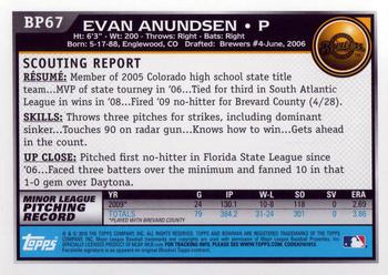 2010 Bowman - Prospects #BP67 Evan Anundsen Back