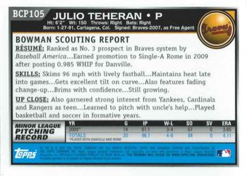 2010 Bowman - Chrome Prospects #BCP105 Julio Teheran Back